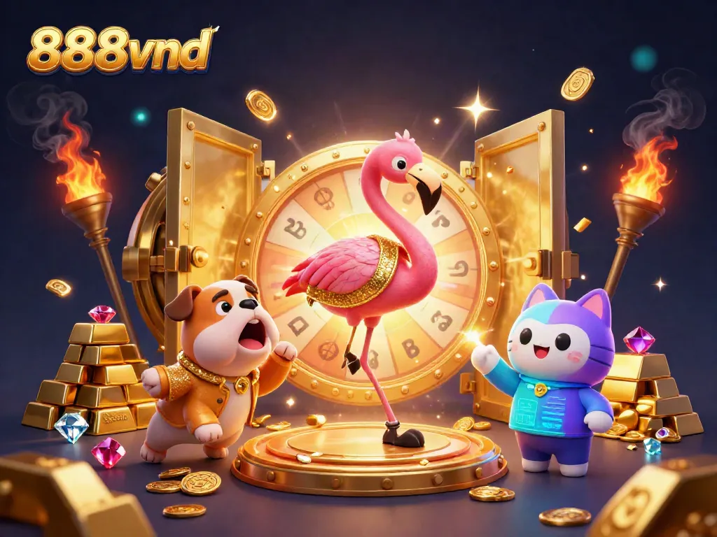 Experience the excitement of 888vnd casino games with a vibrant and dazzling scene featuring a flamingo and a bulldog.