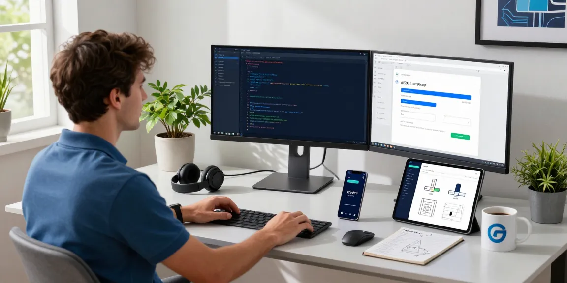 Cupones eSIM 2026 en un ambiente de trabajo moderno con tecnología, desarrollador usando computadora y tablet.