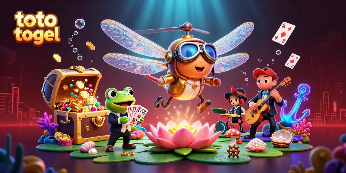Experience thrilling toto togel gameplay with vibrant illustrations of a dragonfly pilot and frog dealer in a whimsical casino.