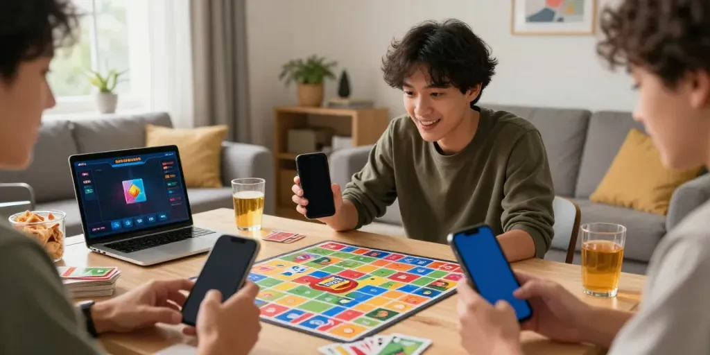Engaged player using smartphone to play rumble rummy in a lively home setting.