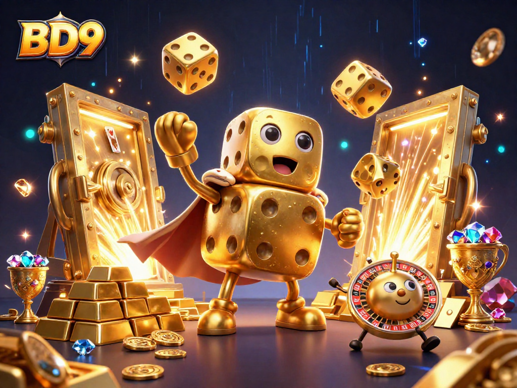 BD9 rolls golden dice in a vibrant casino-themed illustration, showcasing massive treasure in a lively atmosphere.