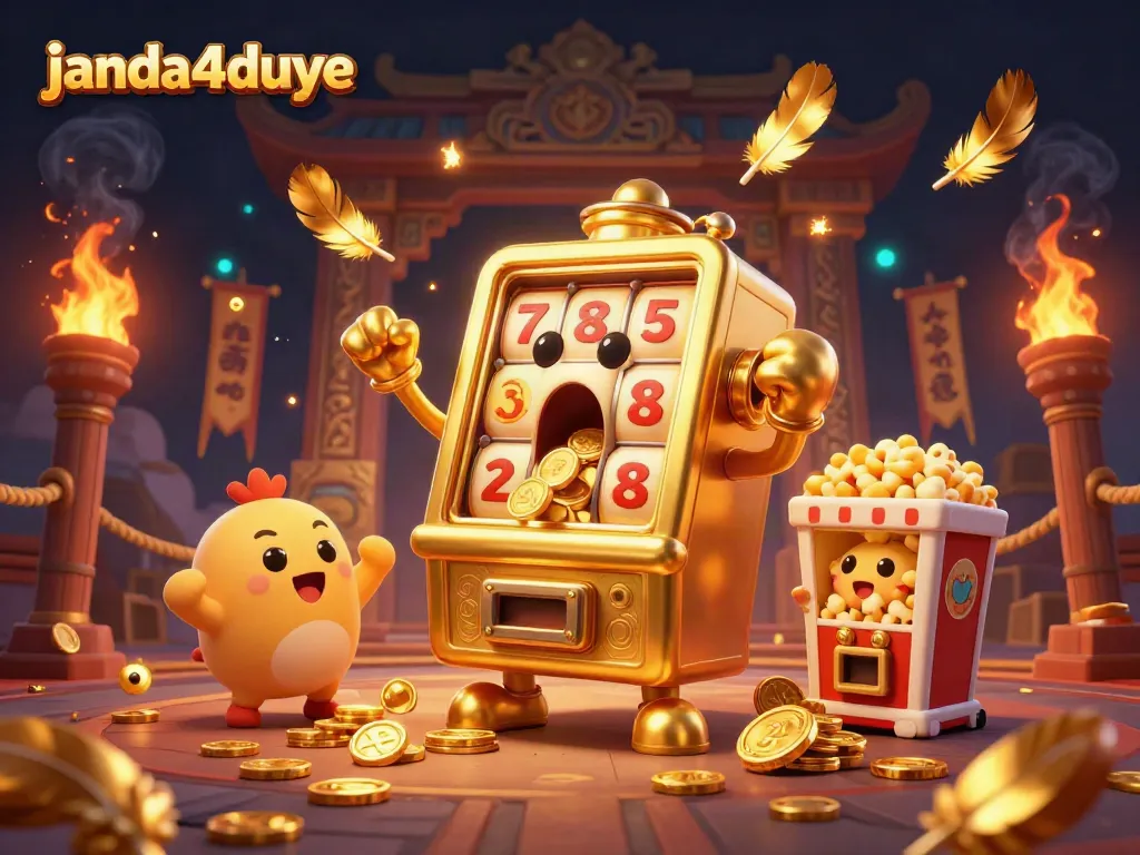 janda4duye menghadirkan mesin slot emas yang merayakan jackpot dengan koin berhamburan.