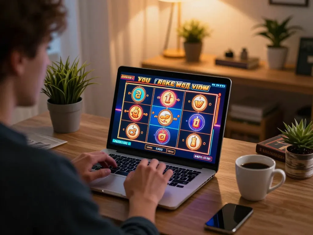 Engaged player spinning slots not on gamstop on a laptop at home, vibrant online casino atmosphere.