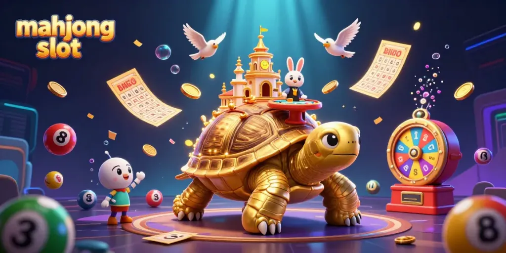Experience the thrill of the mahjong slot with a dynamic casino scene featuring a golden tortoise and rabbit dealer.