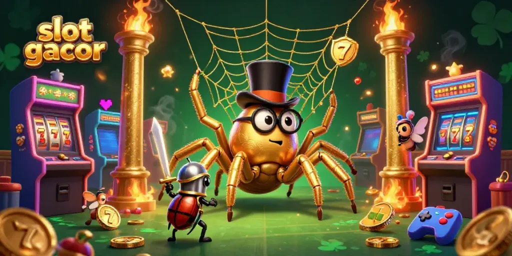 Engaging scene of a golden tarantula and beetle knight showcasing slot gacor themes in a vibrant casino.