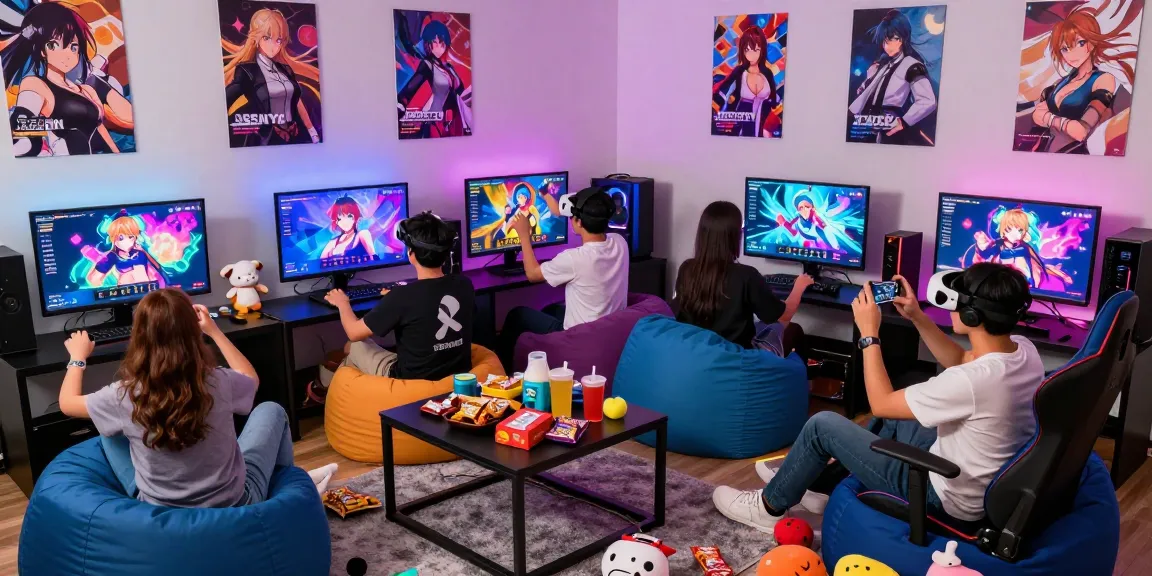 Friends enjoying multiplayer hentai games with vibrant screens and cozy gaming setup.