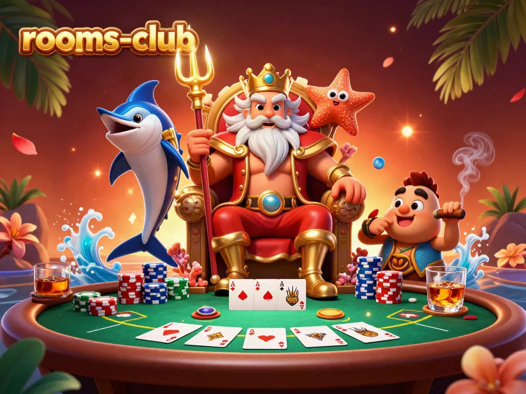 Permainan seru di rooms-club dengan Raja Laut dan elemen poker yang menegangkan, semua dalam satu ilustrasi.