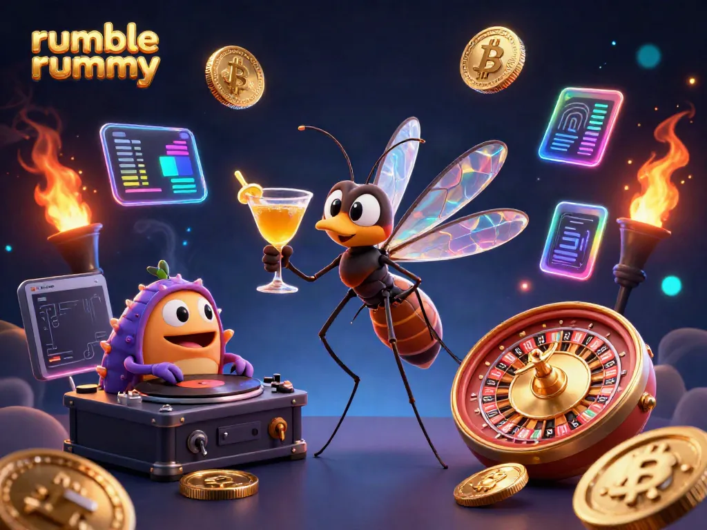 Win big with rumble rummy in a vibrant 3D casino scene featuring unique characters and elements.
