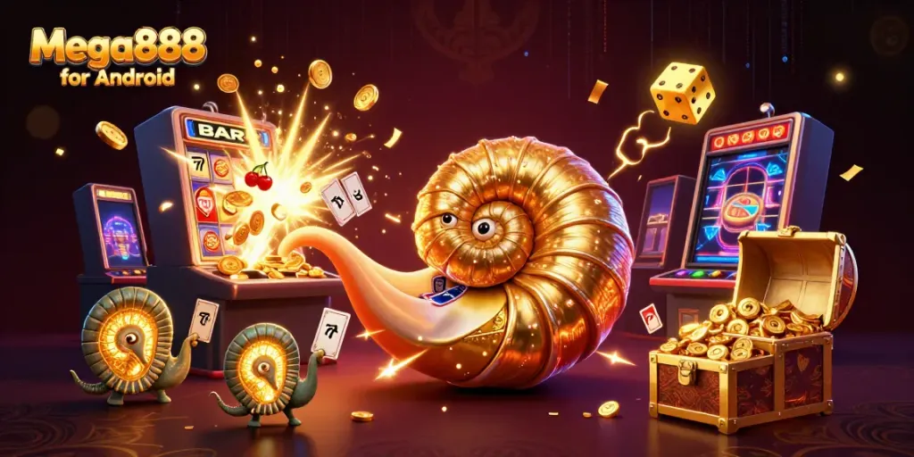 Experience Mega888 for Android with a vibrant scene featuring a giant nautilus roulette wheel and slot machine burst.