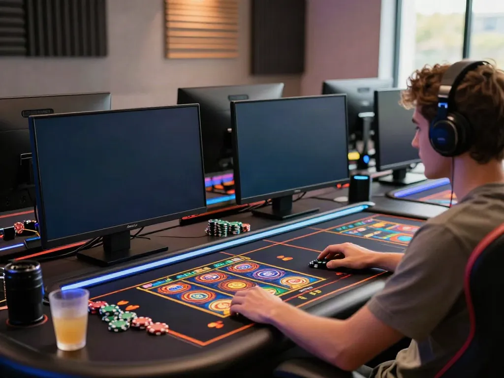 A person engaged in an exciting akunjp online gambling session with vibrant graphics and gaming chips.