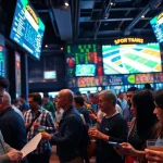 Engaged bettors enjoying the thrill of Sports Betting in a lively sportsbook atmosphere.