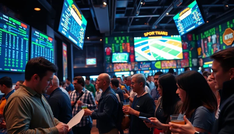 Engaged bettors enjoying the thrill of Sports Betting in a lively sportsbook atmosphere.