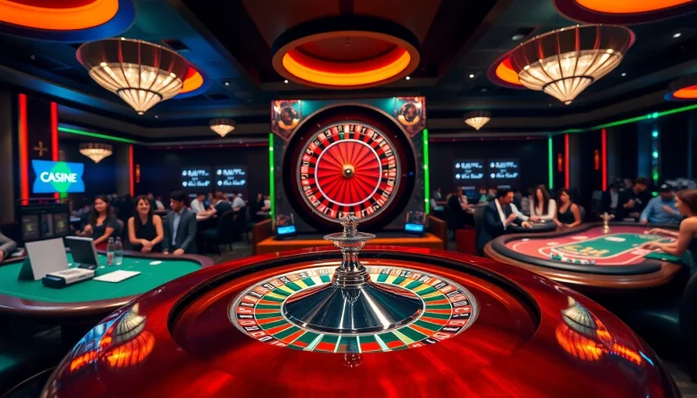 Engaged players enjoying a Casino atmosphere around a vibrant roulette wheel.