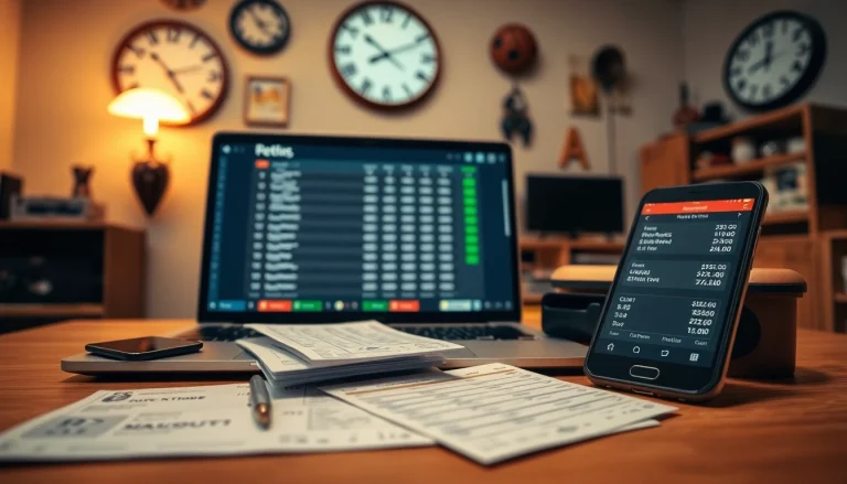 Engaging scene of online Betting tools including a laptop and betting slips in a cozy office.