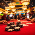 Engaging scene of Blackjack Casino players immersed in gameplay with cards and bets highlighted.