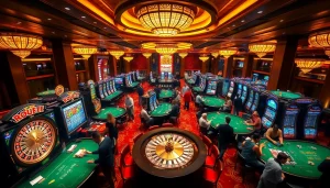 A thrilling scene capturing excitement at https://688v.games/, featuring roulette wheels and vibrant slot machines.