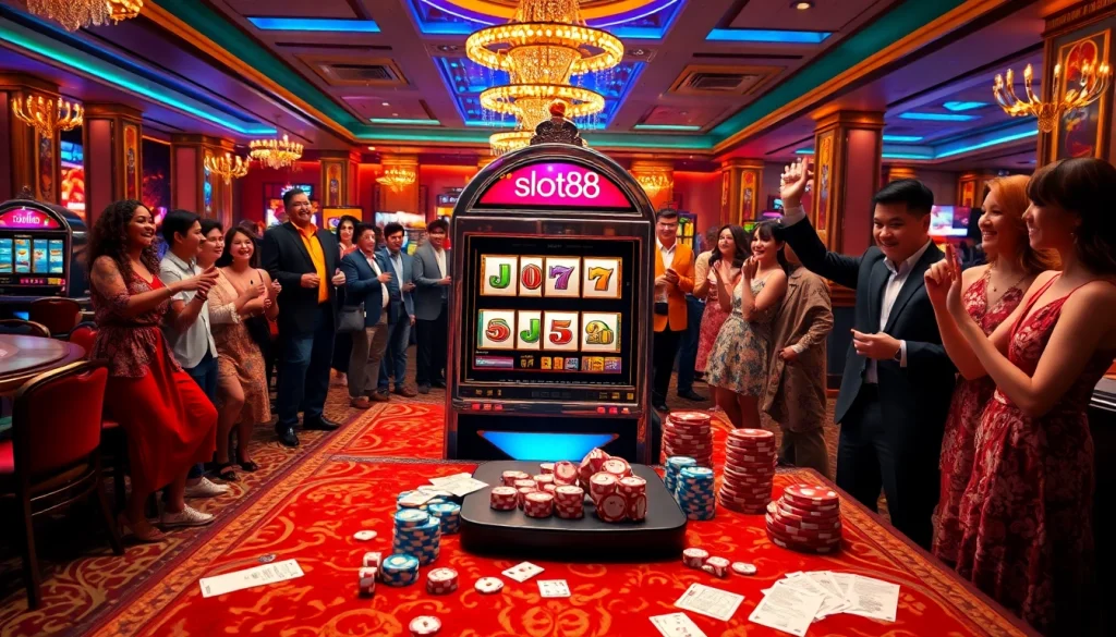 Players celebrating wins at the elegant slot88 machine in a luxurious casino environment.