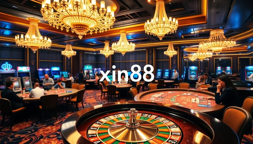 XIN88 casino action with players at poker and roulette tables in an upscale gaming environment.