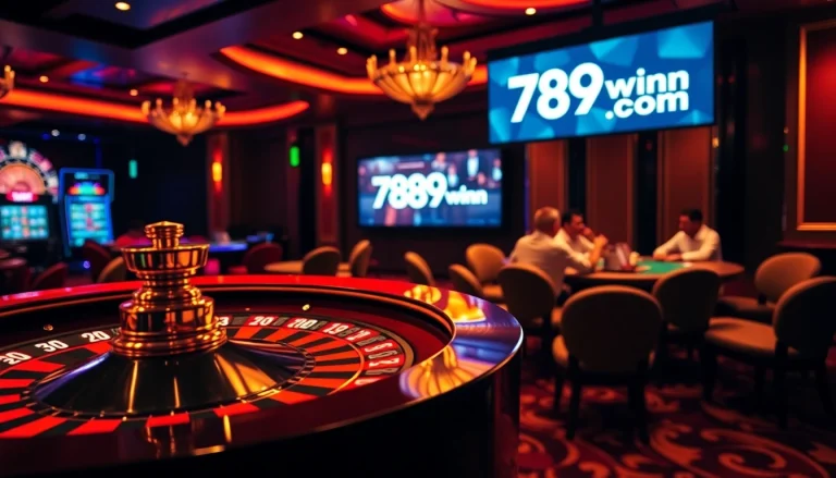 Gambling excitement at 789win com's luxurious casino atmosphere featuring roulette and poker.