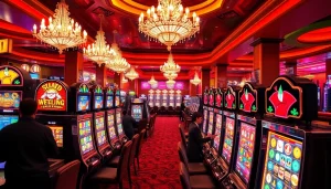 Excited players enjoying slot online terpercaya machines in a luxurious casino environment.