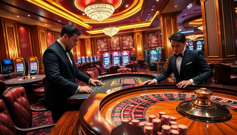 Experience luxury138 gaming with an elegant roulette table and vibrant casino elements.