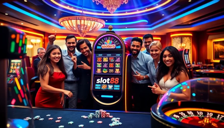 Players enjoying the thrilling slot88 machine in an upscale casino setting.