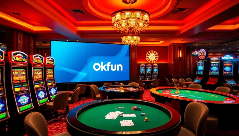 Online gamers enjoying exciting wins at Okfun casino with vibrant slot machines and poker tables.
