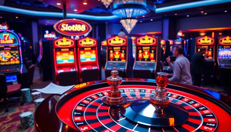 Illustration of slot88 slot machines in a luxurious casino environment with vibrant colors and excited players.