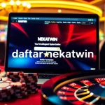 Engage with daftar nekatwin, showcasing a thrilling online gambling scene with poker chips, roulette wheels, and vibrant casino games.