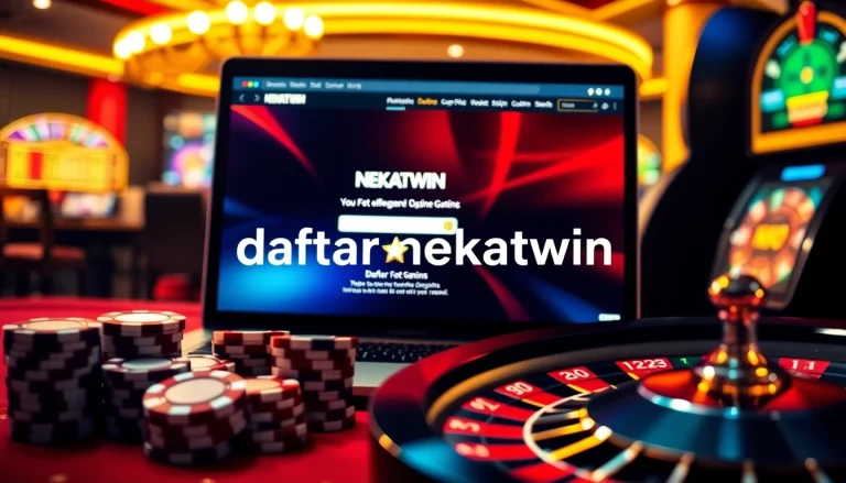 Engage with daftar nekatwin, showcasing a thrilling online gambling scene with poker chips, roulette wheels, and vibrant casino games.