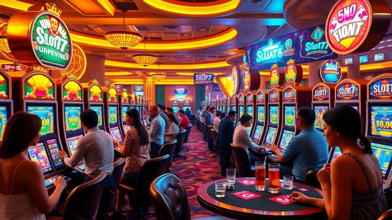 Excited players engaging with colorful slot777 machines in a vibrant casino atmosphere.