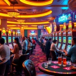 Excited players engaging with colorful slot777 machines in a vibrant casino atmosphere.