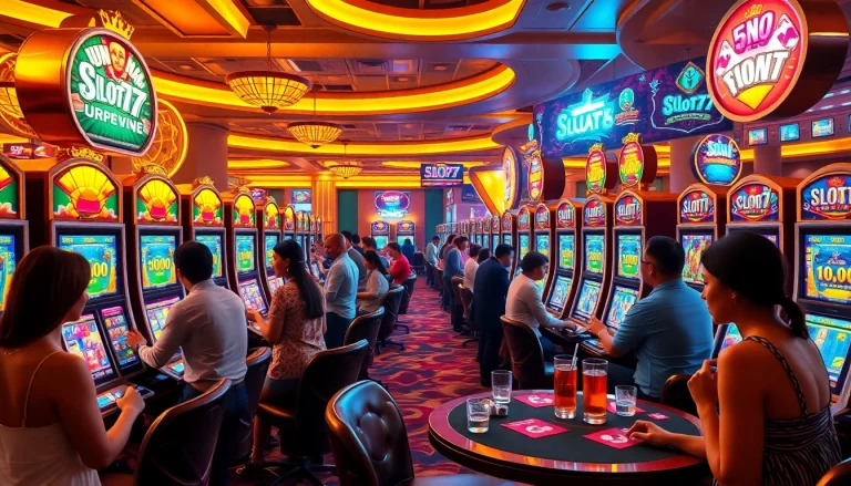 Excited players engaging with colorful slot777 machines in a vibrant casino atmosphere.