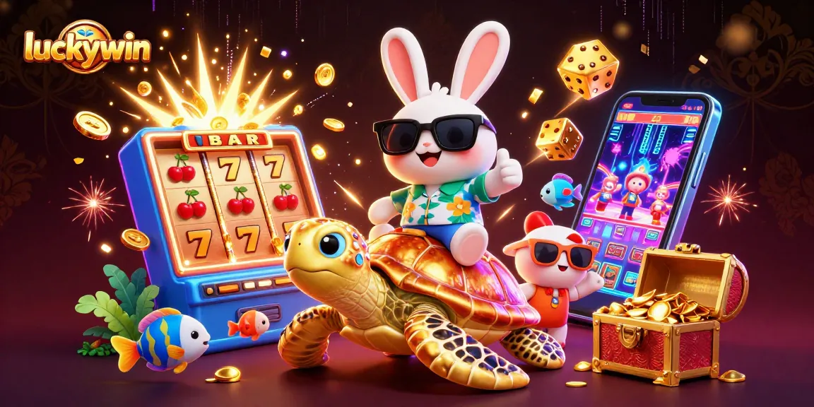 Play exciting games at luckywin, featuring a lucky rabbit and golden turtle amidst dynamic casino symbols.