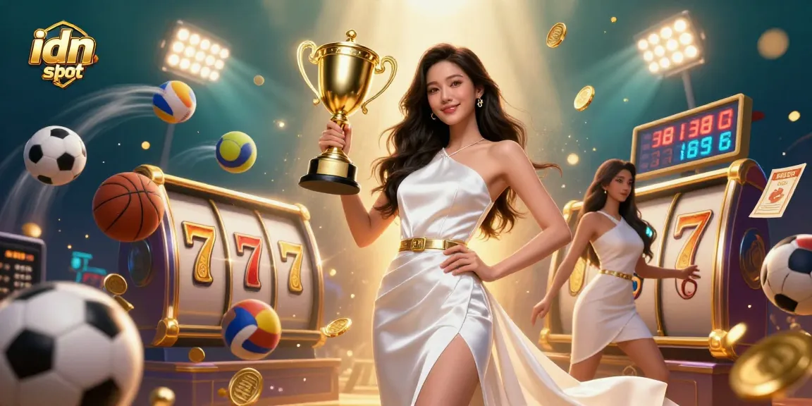 Engage with idn slot gaming through an exciting 3D illustration featuring a victorious woman celebrating with a golden trophy.