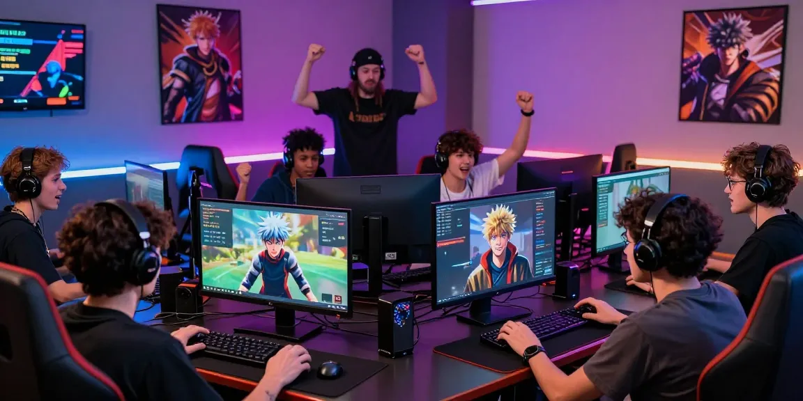 Engaged players in a vibrant gaming lounge showcasing diverse avatars in the status ai social media simulation.
