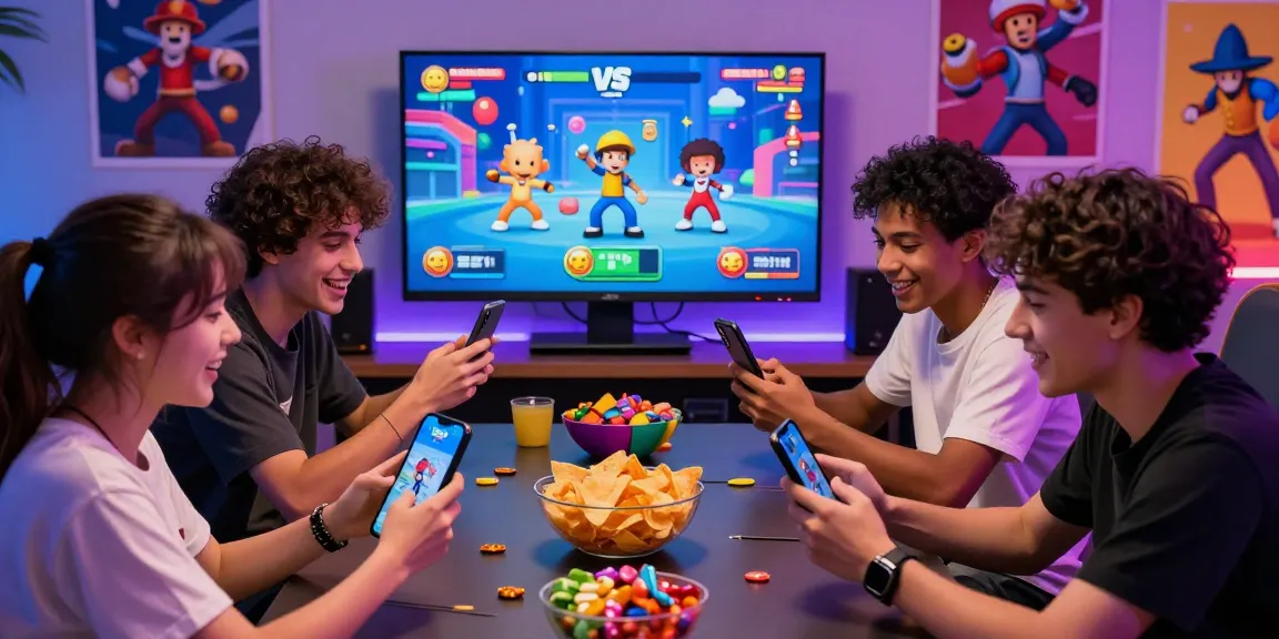 Group of friends playing Smash or Pass game with AI avatars and vibrant snacks in a lively atmosphere.