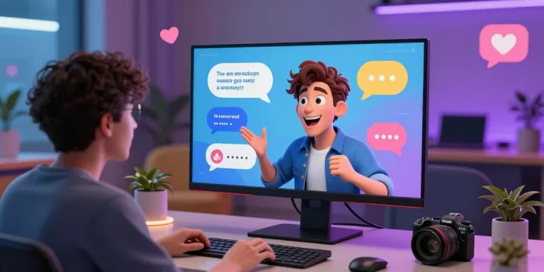AI spicy talk immersive chat environment highlighting lively interaction with a digital character in a colorful virtual lounge.