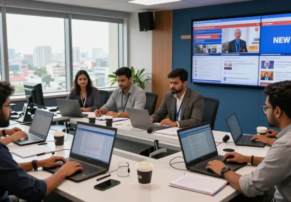 Dynamic newsroom at https://www.theindaily.com with journalists reporting live Indian news updates.