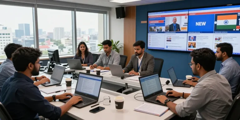 Dynamic newsroom at https://www.theindaily.com with journalists reporting live Indian news updates.